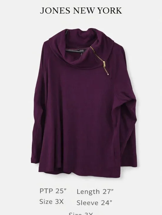 Jones New York Signature 3X Purple Cowl Neck Zip Accent Top 100% Cotton - Picture 2 of 8